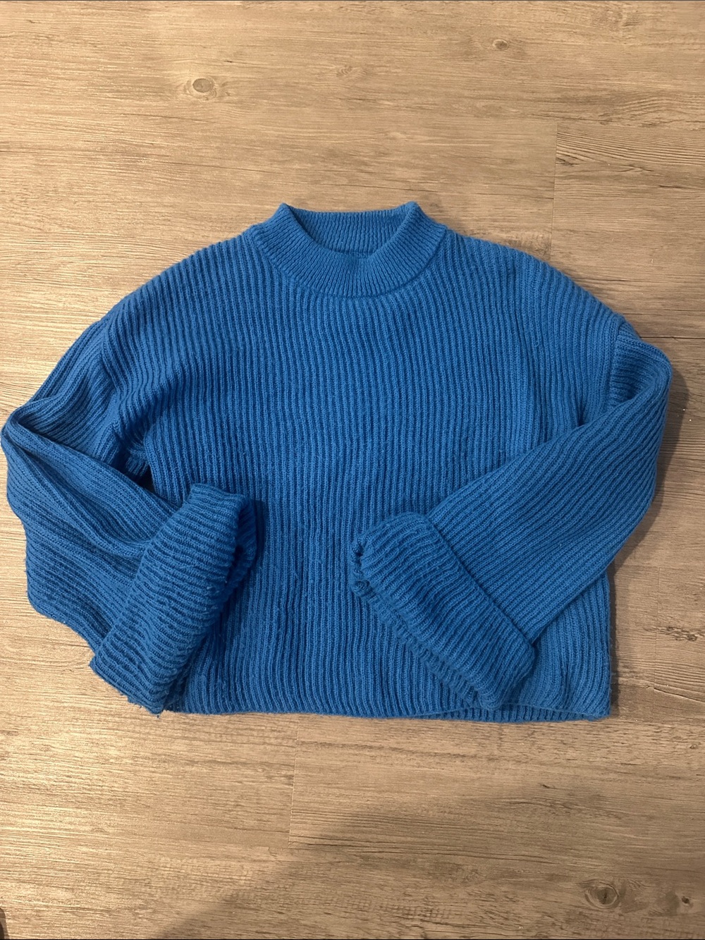 Blue Mock Neck Ribbed Women's Sweater